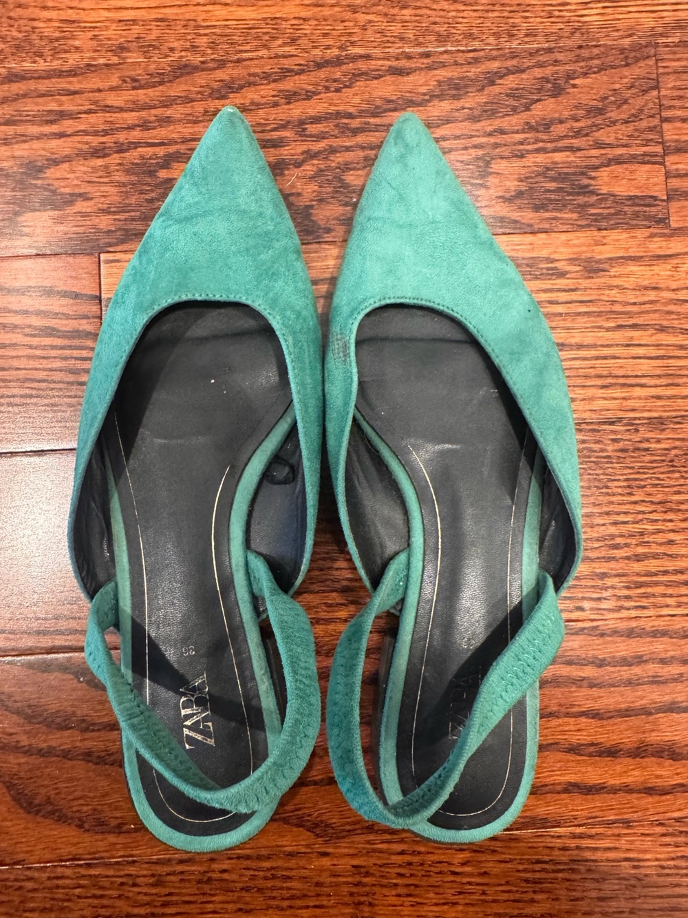 Zara Teal Suede Pointed-Toe Slingback Flats